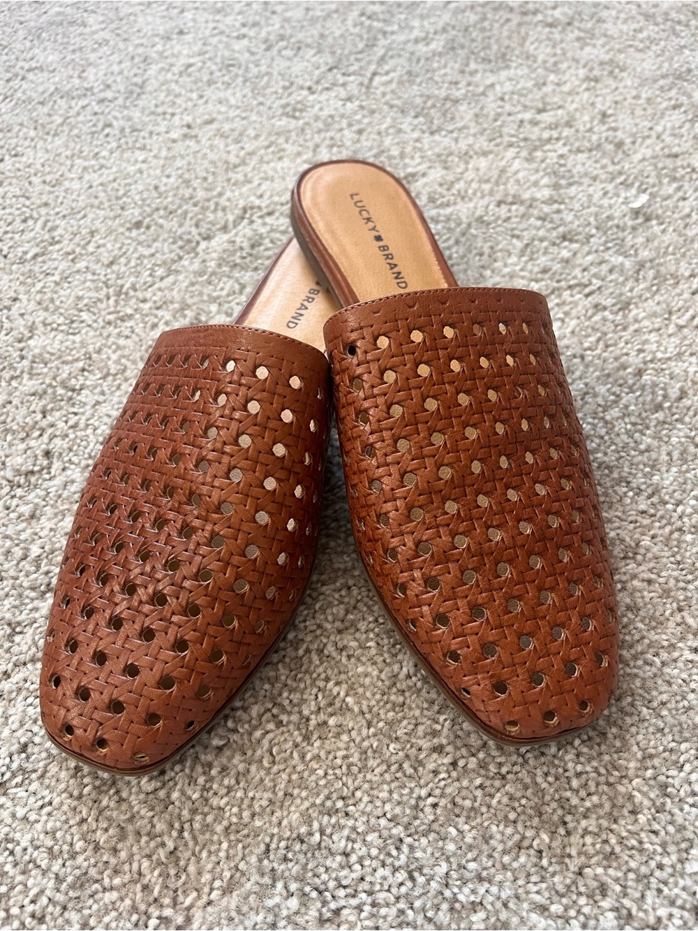 Lucky Brand Woven Leather Mule Slides in Cognac Brown